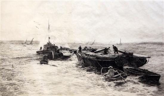 William Lionel Wyllie (1851-1931) Tug boat towing Rochester barges, 11.75 x 20.25in